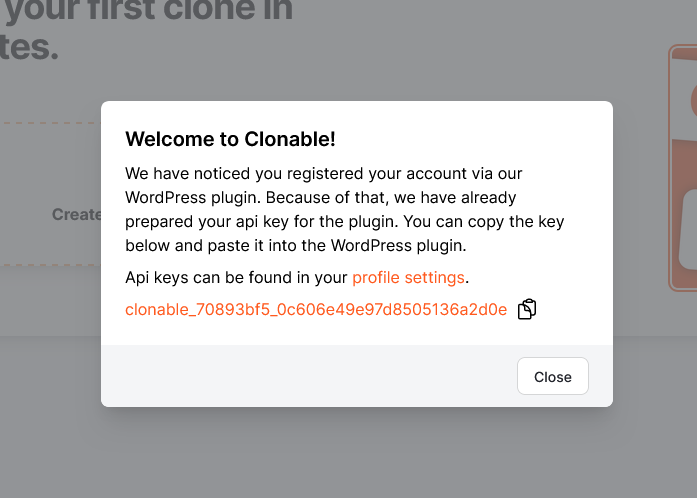 Clonable dashboard API key pop-up