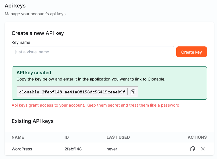 Clonable dashboard API key form