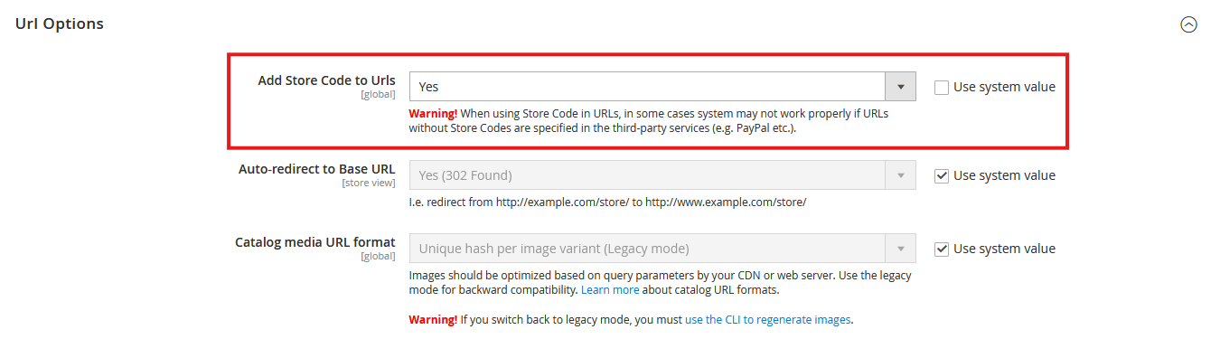 Add Store Code to Urls setting
