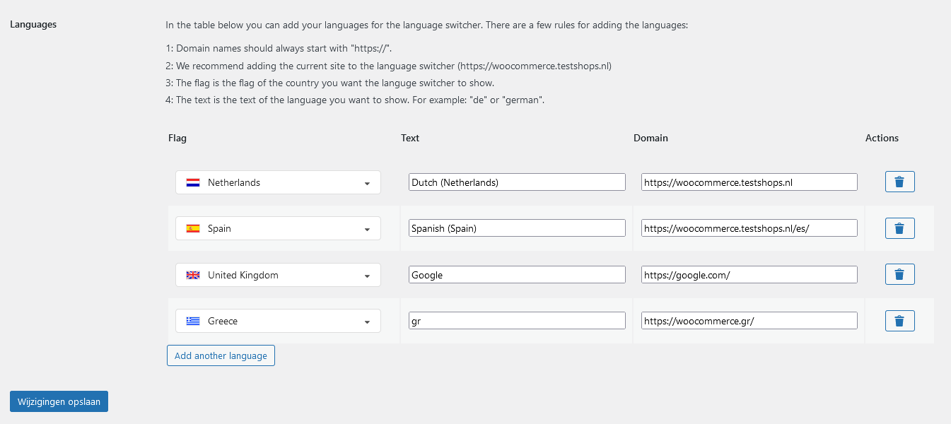 Language switcher settings